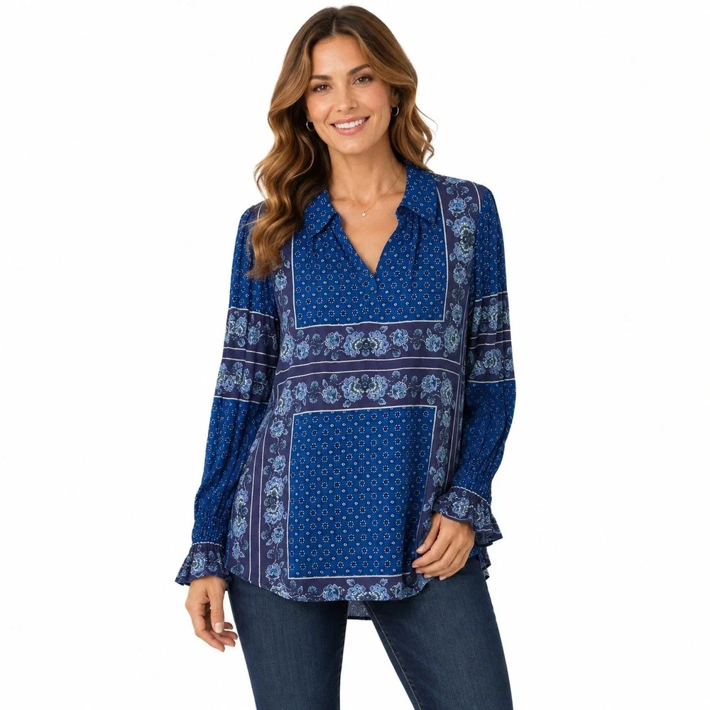 Free People Tunic Top Womens Small Blue Floral Mixed Print Boho Ruffle Sleeve